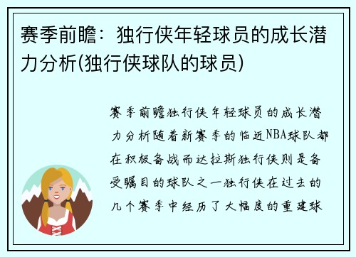 赛季前瞻：独行侠年轻球员的成长潜力分析(独行侠球队的球员)