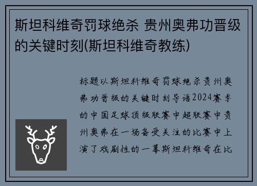 斯坦科维奇罚球绝杀 贵州奥弗功晋级的关键时刻(斯坦科维奇教练)