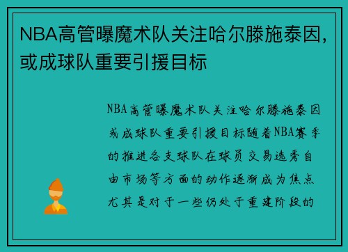 NBA高管曝魔术队关注哈尔滕施泰因，或成球队重要引援目标